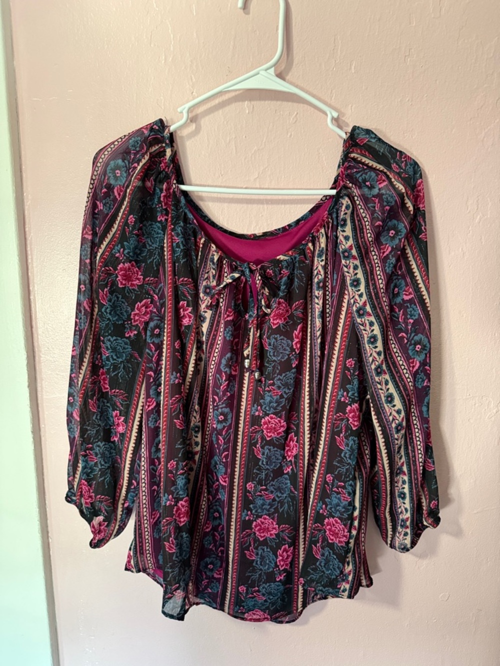 Floral Striped Peasant Blouse - Pink and Teal
